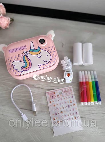 Дитячий фотоапарат миттєвого друку YT008 PINK UNICORN з підтримкою microSD card цифровий на дві камери