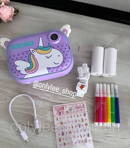 Дитячий фотоапарат миттєвого друку YT008 PURPLE UNICORN з підтримкою microSD card цифровий на дві камери