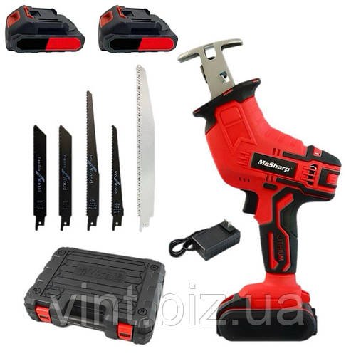 Шабельна пила в кейсі з набором полотен 4 штуки, 2 АКБ 24v червона
