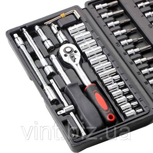 Набір інструментів у кейсі на 46 деталей (викрутка, тріскачковий ключ, торцеві головки та шестигранники)