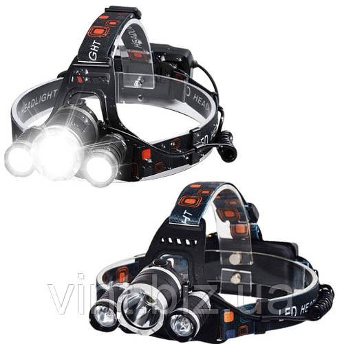 Акумуляторний налобний ліхтар з  трьома світлодіодами.