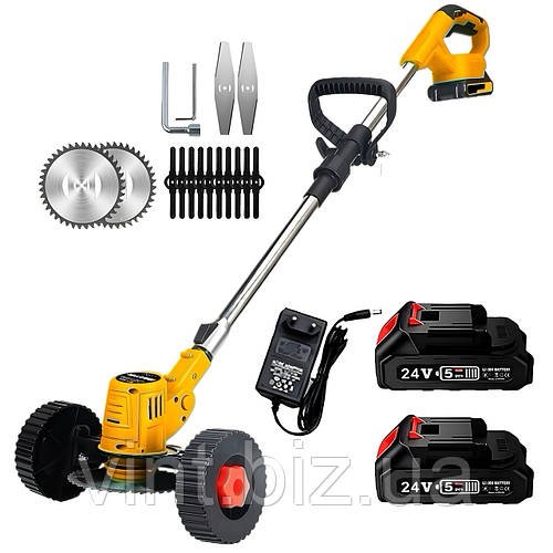 Газонокосарка - триммер з колесами та насадками в комплекті (2 АКБ 24v.)
