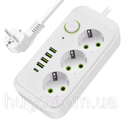 Мережевий фільтр 1.85м, 3 розетки, 4хUSB, 1хType-C, F09U, Білий / Мережевий подовжувач з usb / Переноска розетка