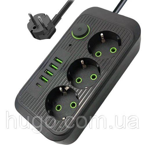 Мережевий фільтр 1.85м, 3 розетки, 4хUSB, 1хType-C, F09U, Чорний / Мережевий подовжувач з usb / Переноска розетка