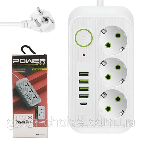 Мережевий фільтр 2500Вт, 1.85м, 3×220В + 4×USB + 1×Type-C, F09U, Білий / Переносна розетка / Подовжувач мережі