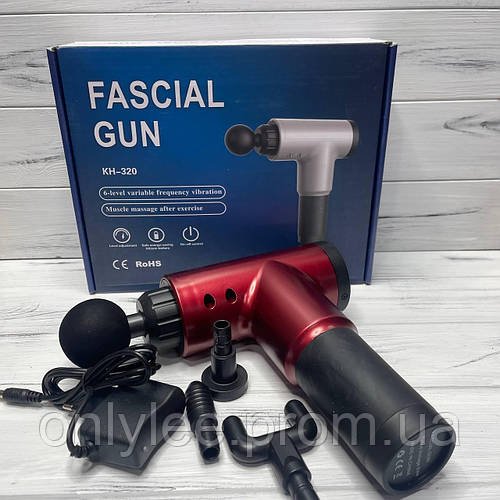 Портативний м'язовий масажер пістолет Fascial Gun KH-320, Ударний акумуляторний масажер для тіла Червоний