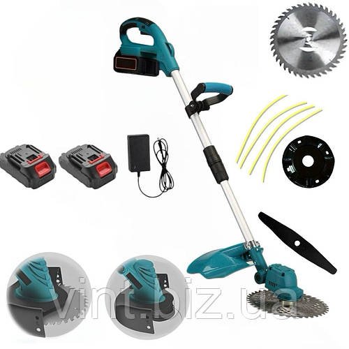 Акумуляторна коса для трави з двома 48V акумуляторами та насадками у комплекті.