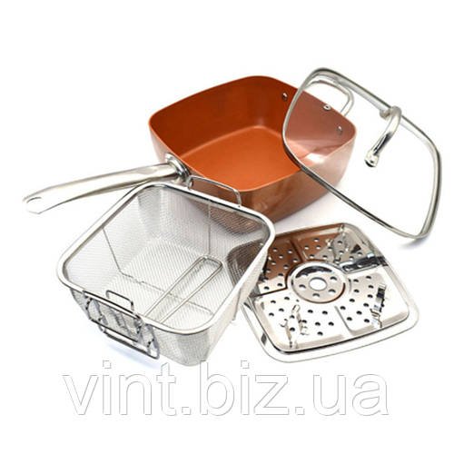 Антипригарна сковорода з кришкою, фритюром та пароваркою (24 см)