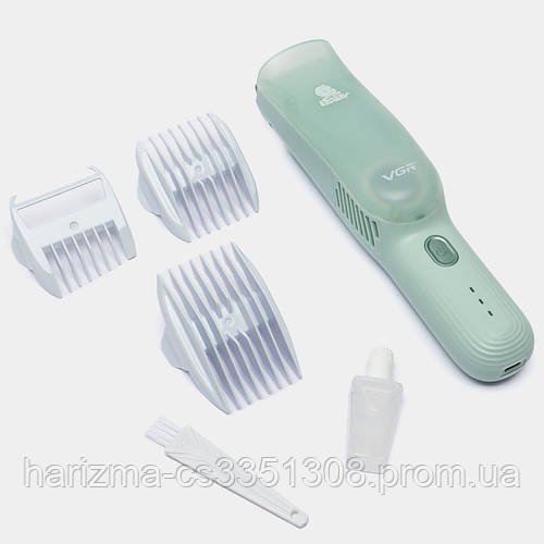 Акумуляторна бездротова машинка для стриження волосся дітей VGR V-155 безшумна з 3 насадками Зелена