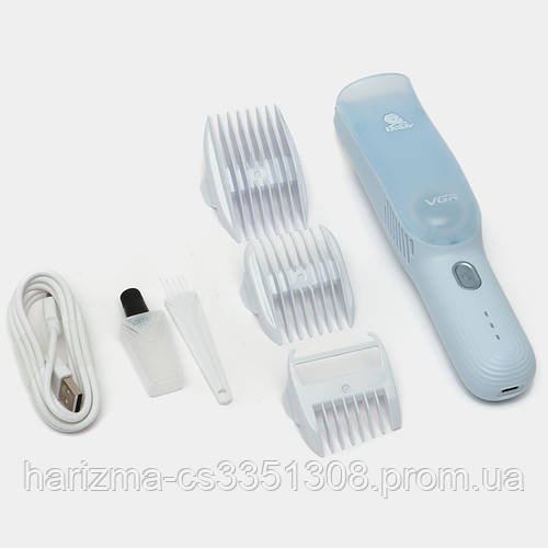 Акумуляторна бездротова машинка для стриження волосся дітей VGR V-155 безшумна з 3 насадками Синя