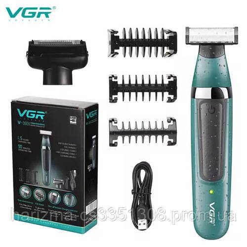 Бездротовий акумуляторний тример бритва для бороди та вусів VGR V-393 зі змінними насадками 1-5 мм IPX5 Green