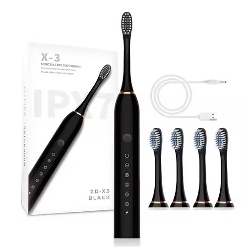 Електрична ультразвукова зубна щітка Х-3 Sonic Toothbrush із 6 режимами роботи 4 змінними насадками Чорна