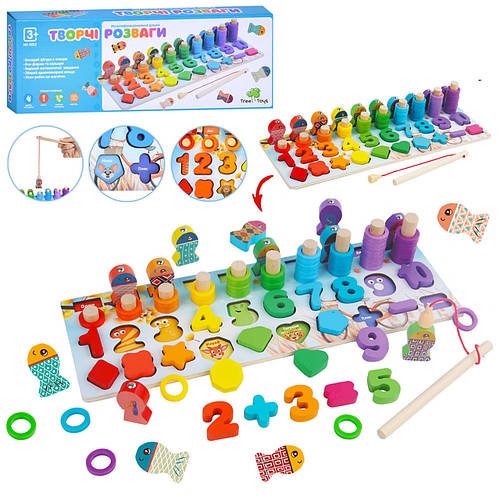Сортер дерев'яний Tree Toys (цифри, математичні знаки, фігури, магнітна рибалка, кільця) MD 0852