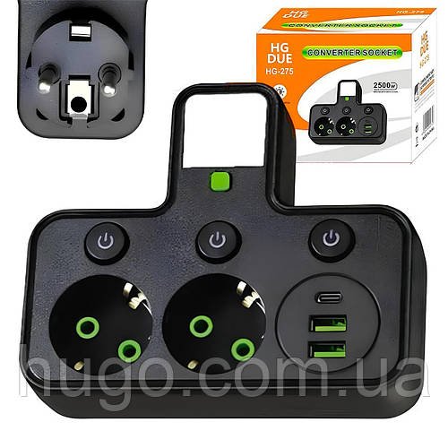 Трійник на 2 розетки з ліхтариком (2×USB) 2500Вт, HG-275, Чорний / Мережевий фільтр / Трійник розетки