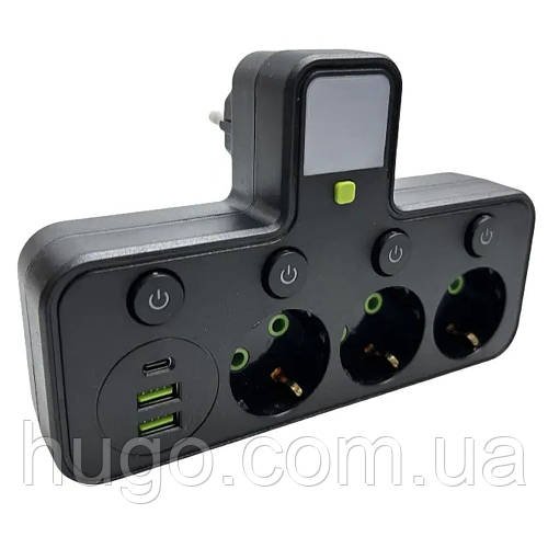 Мережевий фільтр з підсвічуванням 3 розетки, 2500Вт (2хUSB + Type-C) HG-276 / Трійник у розетку / Мережевий трійник
