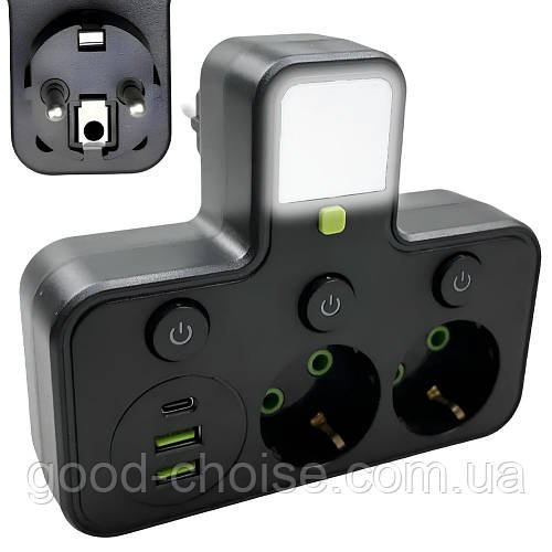 Мережевий фільтр з підсвічуванням 2 розетки (2хUSB + Type-C) 2500Вт, HG-275 / Адаптер трійник / Трійник з вимикачем