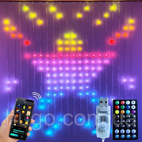 Розумна гірлянда Штора від USB, 3х2м, 200LED, Bluetooth + Пульт, SFK-05 / Смарт гірлянда водоспад для дому