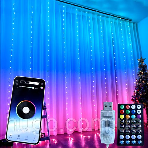 Розумна гірлянда Штора від USB, 3х3м, 300LED, Bluetooth + Пульт, SFK-06 / Смарт гірлянда водоспад для дому