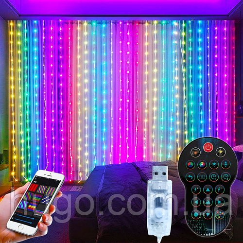 Розумна гірлянда Штора від USB, 2х2м, 400LED, Bluetooth + Пульт, SFK-07 / Смарт гірлянда / LED гірлянда водоспад