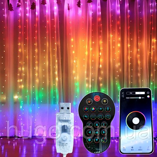 Розумна гірлянда Штора від USB, 3х2м, 400LED, Bluetooth + Пульт, SFK-08 / Смарт гірлянда / LED гірлянда водоспад