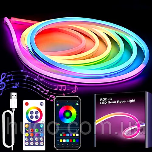 Розумна неонова стрічка RGB 5м, з Bluetooth, від USB + Пульт, SFK-11 / Гнучка світлодіодна стрічка / Гнучкий неон