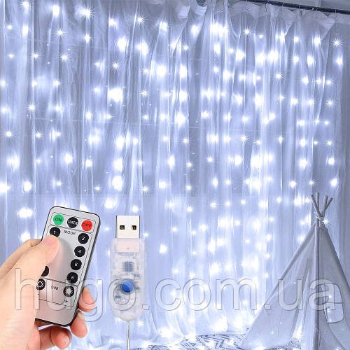 Гірлянда Штора від USB, 3x3м + пульт, 360LED, Холодний білий / Новорічна гірлянда на вікно / Гірлянда-завіса