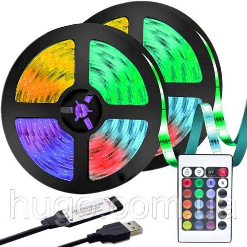 Світлодіодна RGB стрічка 2х5м, з пультом та Bluetooth, від USB, 5050 / Різнокольорова LED стрічка / RGB підсвітка