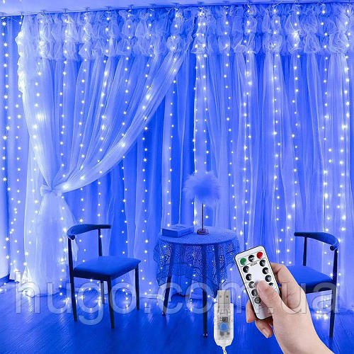 Гірлянда штора Роса від USB, 3x3м + пульт, 360LED, Холодний білий / Новорічна гірлянда / Світлодіодна LED гірлянда