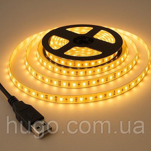 Світлодіодна LED стрічка 5м, від USB, Теплий Білий / Гнучка діодна підсвітка / Лед стрічка від повербанка