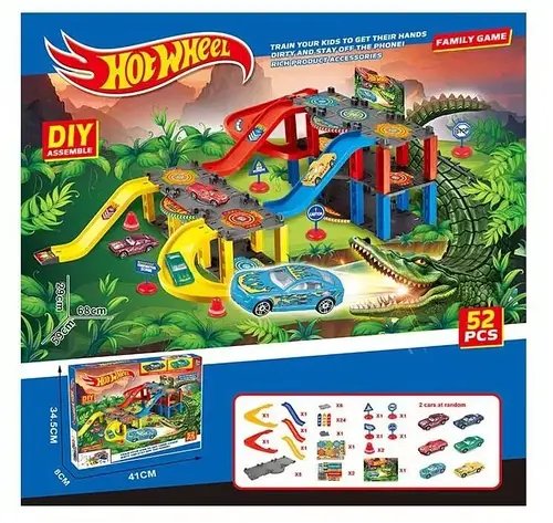 Гараж паркування Hot Wheels (52 елементи, довжина 68см, 2 машинки, 3 поверхи, паркування, дорожні знаки) T 876-3