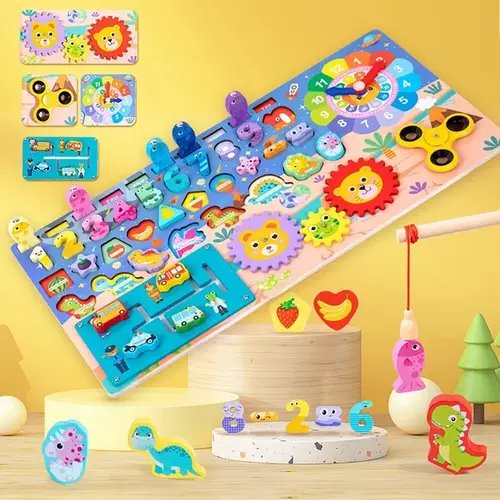 Дерев'яна логічна дошка TREE TOYS (сортер, спинер, годинник, пальчиковий лабіринт, магнітна рибалка) MD 0877