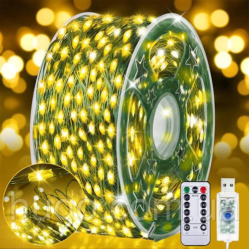 Гірлянда Роса від USB, 100м, 1000LED, з пультом, зелений дріт, Теплий білий / Гірлянда на ялинку