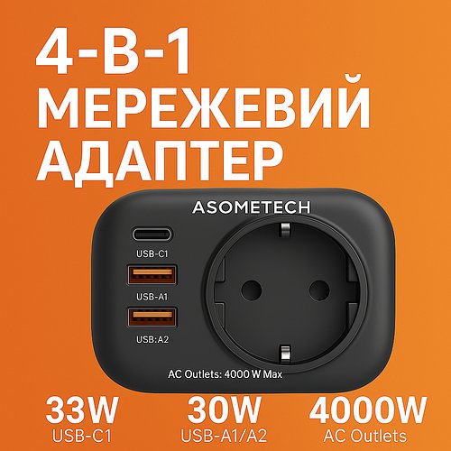 Зарядний пристрій ASOMETECH 33W швидка зарядка 4-в-1 з USB, Type-C, PD 3.0 і QC 4.0