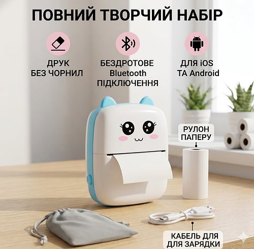 Дитячий кишеньковий термопринтер Bluetooth для смартфона (друк без чорнила) + 1 рулон паперу в комплекті