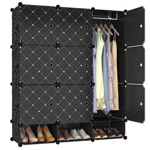 Пластикова складана шафа 110 х 37 х 127 см для одягу та взуття Чорний 12 полиць для зберігання речей