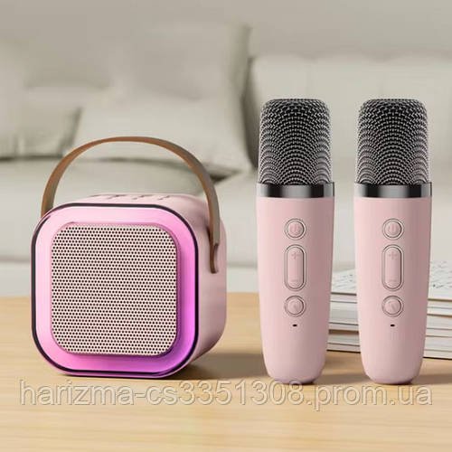 Портативна Bluetooth колонка 2в1 з RGB-підсвіткою K12 колонка-караоке з двома мікрофонами Pink