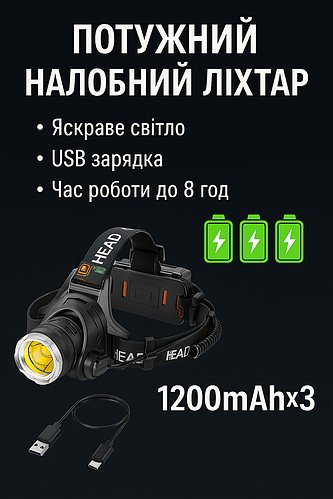 Налобний ліхтар XPH50 потужний налобник з акумулятором
