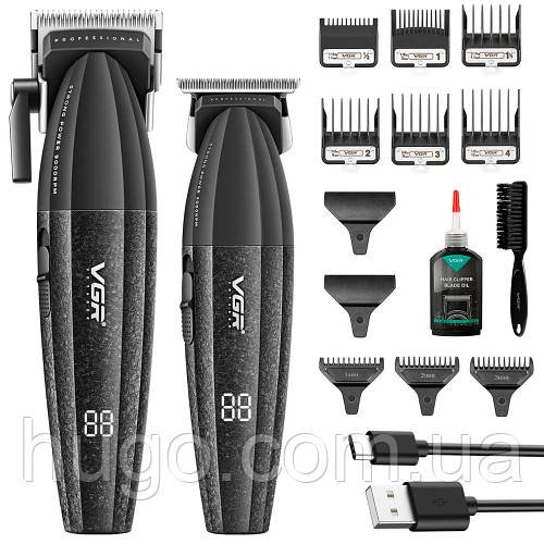 Набір для стрижки 2в1 (9 насадок) від USB, VGR V-640, Чорний / Акумуляторна машинка для стрижки / Тример для стрижки