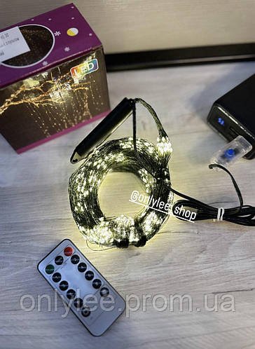 Гірлянда нитка світлодіодна Роса Кінський хвіст від USB 1000 LED 8 режимів зелений дріт 30 ниток Теплий білий