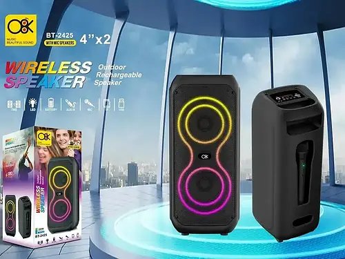 Колонка музична портативна Bluetooth з мікрофоном 4" BT-2425, 20Вт, FM-радіо, USB, TF, AUX, LED підсвітка