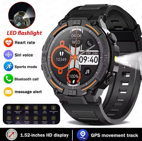 .Тактичний смарт-годинник MEVADEN SK80 Black, з циферблатом 1,52" TFT, ліхтарик, Bluetooth 5.0 дзвінки