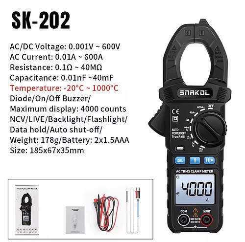 Цифрові кліщі-мультиметр SNAKOL SK-202, AC/DC 600V, АС 600А с NCV і TrueRMS, на 4000 відліків