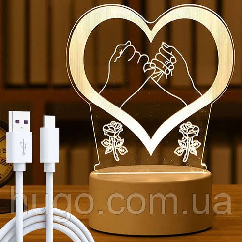 3D світильник нічник Серце 21х11см, від USB або батарейок / Настільна 3Д лампа / Декоративний led світильник