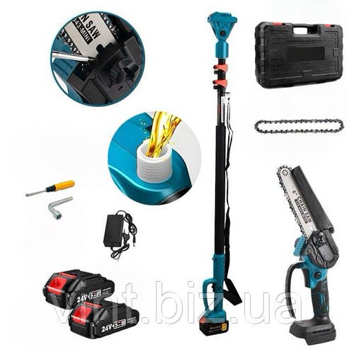 Акумуляторна пилка 6 з 2 АКБ, олією та подовжувачем 2м для високих гілок.