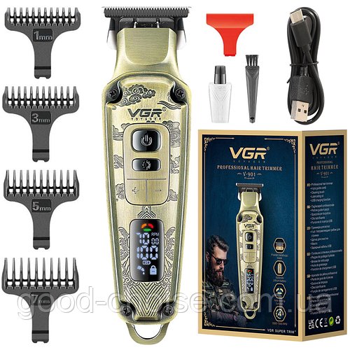 Бездротова машинка для стрижки волосся з дисплеєм + 4 насадки, VGR V-901 / Чоловічий тример для стрижки