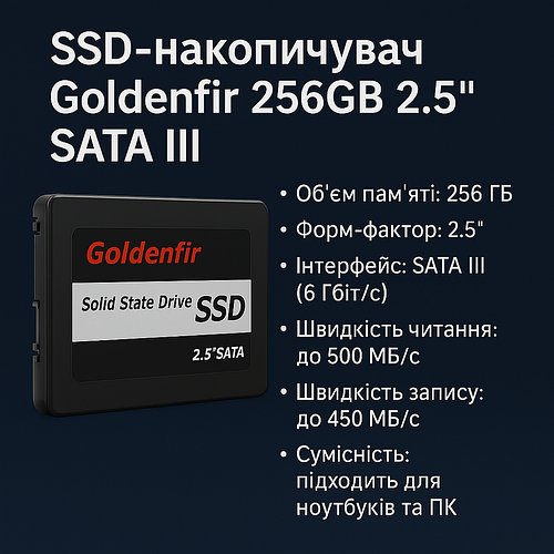 Твердотільний SSD диск 256 ГБ 2.5" SATA III — накопичувач для комп’ютера і ноутбука, швидке завантаження системи