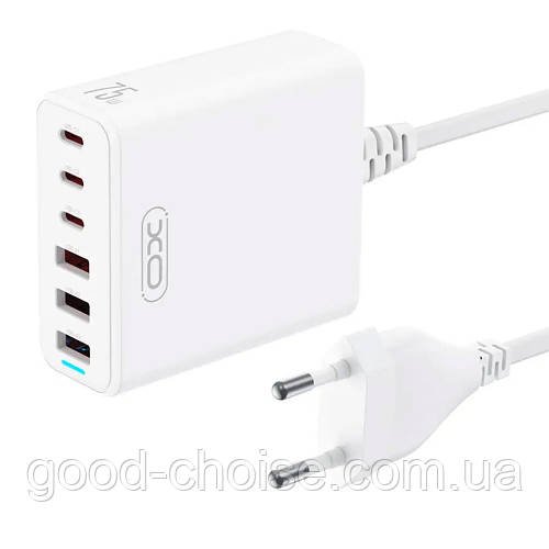 Мережевий зарядний пристрій 75W, 3xUSB, 3xType-C, XO L133 / Зарядка для телефону / Блок живлення для смартфону