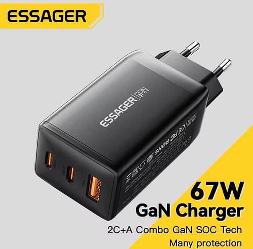 Адаптер живлення Essager 67W ES-CD23 USB+2 Тype-С PD/QC 3.0 для паяльників TS100, TS101, Pinecil, Fnirsi, GVDA