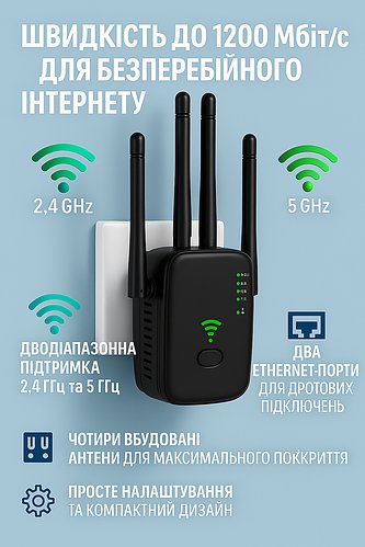 Wi-Fi Репітер, ретрослятор 5 ГГц 2,4 ГГц дводіапозонний повторювач мережі, 1200 Мбіт/с Підсилювач сигналу Wi-Fi