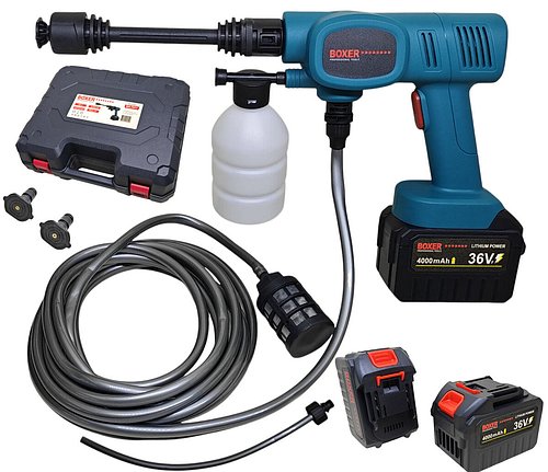 Акумуляторна Мийка Високого Тиску з 2 АКБ 36 Вольт, Потужність 550 Вт, Витрата Води 4 Літри/Хв, Швидкість Насоса 19500 Об/Хв, 5 М